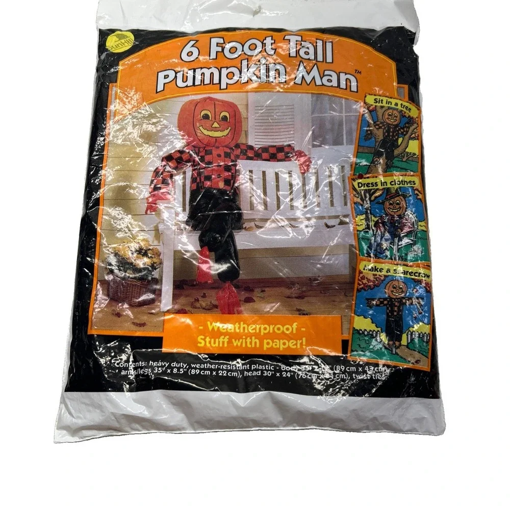 Vtg Halloween 6 Foot Tall Pumpkin Man Leaf Bag Lawn Decoration 1995 SunHill NOS